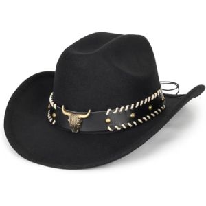 Chapeau de Cowgirl en Feutre Western Classique pour Femme et Homme avec Large Bord Fedora Jazz avec Bande de Taureau, M (wodege, neuf)