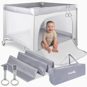 MalPlay Parc bébé 100 x 100 cm, avec matelas et filet respirant, aire de jeux de sécurité, avec 2 anneaux de jeu, pour l'intérieur et l'extérieur, sur roulettes avec freins (TimboSeller, neuf)