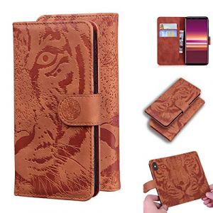 LMFULM&reg; &Eacute;tui pour Sony Xperia 5 J8210, J8270, J9210 (6,1 Pouces) PU Magn&eacute;tique Pochette Cuir Housse Tigre Impression Rabattable Case Stent Fonction Marron (LMAZWUFULM, neuf)