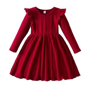 Robe Tricot Rayure Fille 2-7 Ans Robe Manche Longue Fille Cou Rond Hiver &agrave; Volants Princesse Pull Robe Femme Hiver Chaud Chic Et Elegant Anniversaire Habill&eacute;e Confortable Casual (4-5 ans, Rouge) (SoLu DAY8, neuf)