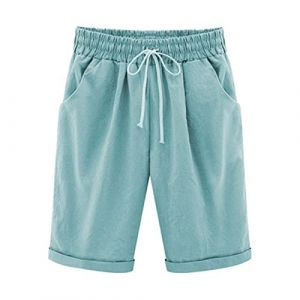 Bermuda Femme Ete Fluide en Lin Short De Sport Chic Large Fluide Pas Cher Shorts et Bermudas Habill&eacute; Femmes Grande Taille &Eacute;lastique avec Poches Confortable Ample Mode Sport Jogging Pantalons Court (⭐⭐⭐⭐⭐AEGJEGVD⭐⭐⭐⭐⭐, neuf)