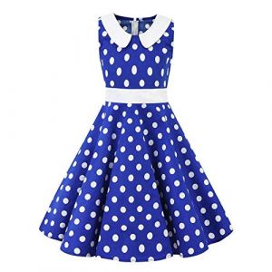 IWEMEK Robe C&eacute;r&eacute;monie Vintage Fille Enfant Robe Rockabilly Ann&eacute;e 50/60 Retro &agrave; Pois Polka Dot Floral Robe Pin Up de Soir&eacute;e F&ecirc;te Cocktail No&euml;l Mariage A-Ligne Midi #Pois Bleu 4-5 Ans (IWEMEK, neuf)