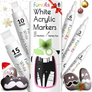 Funcils 5 Feutre Blanc Acrylique Indelebile - Pointe Fine &agrave; Jumbo (1mm, 3mm, 6mm, 10mm, 15mm) | Stylo Peinture Permanent pour Bois, Pierre Tombale, Metal, Verre, Pneu, Tissu, Toile, Plastique (WizMops, neuf)