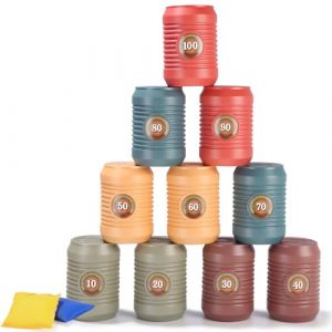 Chamboule Tout, Jeu de Lancer de 10 Bo&icirc;tes de Conserve, Un Sac de Sable et 2 Balles Jaunes, Jeux Exterieur Enfant, Jeux Anniversaire Enfants, Jeux Kermesse Enfant (DISTASO S.R.L., neuf)