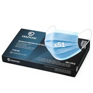 CRAZYCHIC - x51 Masque Chirurgical M&eacute;dical BLEU Type IIR - Certifi&eacute; CE Norme EN14683 - Masque Jetable 3 Plis Protection Respiratoire - Haute Filtration EFB>99% - Lot de 51 pi&egrave;ces (Crazychic, neuf)