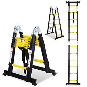 Randaco Échelle Télescopique Aluminium, 3.8M (1,9 + 1,9) Échelle Pliable et déployable multiusage, 12 Echelons Polyvalente Échelle, Antidérapante, Échelle Portable, Charge Max 150KG, Noir Jaune (Panda-Janos, neuf)