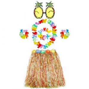 ATSNOSH 6 Pièces Costume de Hula Hawaïen, Jupe de Hula Kit d'accessoires, Luau Tropical Costumes de fête Hawaïenne, 40 cm Hula, Collier de Fleur, Guirlande Bracelet, Lunettes de Soleil (A) (TAIDUOYI, neuf)