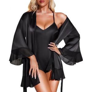 RSLOVE Lingerie Sexy Femme - Peignoir Kimono en Satin Nuisette de Nuit Robe de Chambre Noir XXL (Aybuy, neuf)
