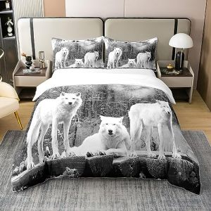 Parure de Lit 220x240 en 100% Coton Naturel, Housse de Couette Loup Blanc, Ensemble de Literie Couple de Loups, Housse Couette Safari Animaux pour Enfants Garçons Filles, Faune Exotique (Suzhou yiyanyun e-commerce Co., Ltd, neuf)