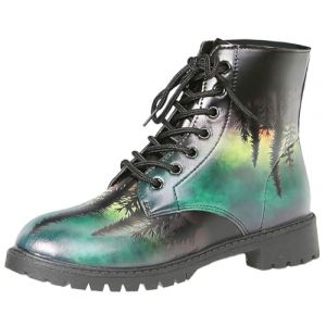 Bottes pour Femmes Bout Rond Talons Bloc Bottines Plateforme Gothique À Lacets Punk Bottes De Combat De Moto en Cuir Imprimé Multicolore Grosses Bottes Courtes (ToBe-One, neuf)