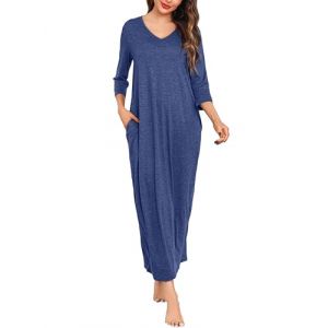 Sykooria Chemise de Nuit Femme Coton Chemise de Nuit Grande Taille Chemise de Nuit Longue Femme Manches 3/4 Chemise De Nuit Col V Chemise de Nuit Ample et Confortable 1019-Bleu Foncé S (CHONGREN-EU, neuf)