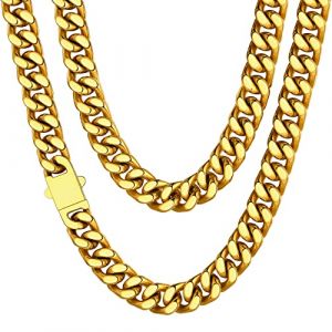 Grosse Chaine Homme Longue 76 cm Acier Collier Cubaine Dore Pour Pendentif Massif Femme Gourmette Enfant Garçon Maille Ras de Cou Gros Cadeau Fêtes Pères Noël Choker Hip Hop Rappeur 298g (ChainsHouse Jewellery, neuf)