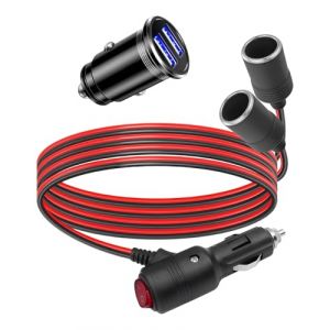 1 &agrave; 2 Rallonge Allume Cigare Double12V Chargeur Voiture Adaptateur Prise avec Interrupteur+Allume Cigare USB C 18AWG Splitter C&acirc;ble D'extension Avec Fusible M&acirc;le vers Femelle pour Voiture Bateau Moto (LiShenWen, neuf)