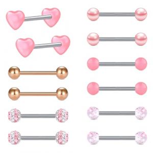 LAURITAMI 12pcs 14G Piercing Barre de Langue en Acier Chirurgical Bouclier de Mamelon Droite Barbell Anneaux Bar Cristal Piercing pour Le Corps Bijoux (JUN SI FANG, neuf)
