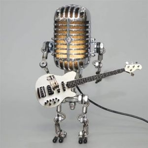 Qklovni Lampe de bureau vintage en forme de robot avec microphone en métal avec mini guitare, lumière vintage pour décoration d'intérieur, table de nuit, lampe de bureau pour chambre à coucher, bar, (MaXiaoLei, neuf)