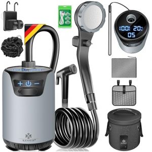 KESSER® Douche solaire de camping avec pompe et batterie rechargeable 8000 mAh | Kit de douche de camping avec pommeau de douche réglable, tuyau de 2 m, pistolet pulvérisateur, support et réservoir (WMK Trading GmbH, neuf)