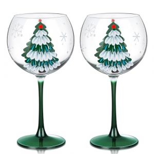 Joeyan 580ml Verres &agrave; Vin de No&euml;l, Lot de 2 Verres Ballon &agrave; Gin Tonic Peints &agrave; la Main avec Flocons de Neige et Sapins de No&euml;l Verts, Crystal Gobelet Service de Table pour F&ecirc;tes et Cadeaux Festifs (JianYan, neuf)