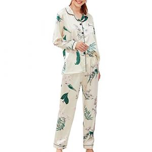 Geagodelia 2 Pi&egrave;ce Ensemble Pyjama Femme &agrave; Manches Longues Imprim&eacute; V&ecirc;tements de Nuit en Faux Satin Soie pour Toutes Les Saisons (Blanc Feuille, M) (weiweiedou, neuf)