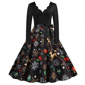 Robe Noel Femme Robe De Noel Chic Et Elegant Manches Longues Robe De Soiree Cocktail Imprim&eacute;es No&euml;l 1950er Swing Hepburn Robe De No&euml;l Rockabilly Vintage Christmas Dress Costume P&egrave;re No&euml;l (Chnnamzu (7-12 jours), neuf)