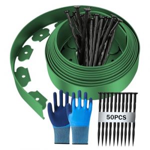 Bordure Jardin Exterieur, 10m (L) x 5cm (H) Bordure Pelouse Flexible en Plastique, Bordurette de Jardin Tonte, Garden Edging - avec 50 Piquet + 1 Paire Gants - Vert (BOFD-EU, neuf)