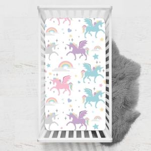 Odot Drap Housse pour Lit de Bébé, Impression de Licorne Draps Housses Enfants Respirant Douce Extensible Protège Matelas pour Lit Bébé, Berceau, Lit Parapluie (70x140 cm,arc-en-ciel) (Odot, neuf)