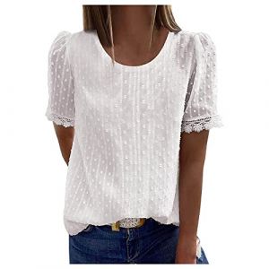 Chemisier Femme Dentelle Décontracté Col V Blouse Chic et Élégant Couleur Unie Vintage Manches Courtes Casual D'été Dentelle Blouse (Xxxxyejjj, neuf)