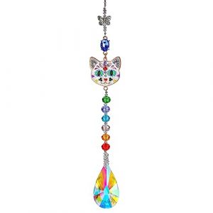 Attrape-soleil en forme de t&ecirc;te de chat en cristal avec pendentif papillon &agrave; suspendre, prismes color&eacute;s en cristal arc-en-ciel, d&eacute;coration d'arbre de No&euml;l (crystalonline, neuf)