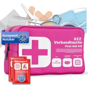 Trousse de premiers secours automobile norme 2026 avec chiffons respiratoires – trousse de secours voiture – DIN13164:2022 – kit de premiers secours – trousse médicale (rose) (TK Gruppe GmbH, neuf)