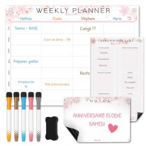 Calendrier Magnétique Frigo Sakura | Pack 3 : Tableau Semainier, Liste de Courses, Pense-Bête | Organisateur Familial | Planning des Tâches | Planner Aimanté Puissant | Ardoise Effaçable Facilement (Minevital, neuf)