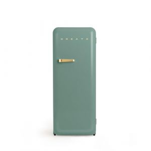 CREATE / RETRO FRIDGE 150 GOLD/R&eacute;frig&eacute;rateur vert sauge avec poign&eacute;e dor&eacute;e et cong&eacute;lateur 281L / 102W, faible consommation, 150 cm, 3 &eacute;tag&egrave;res, r&eacute;gulateur de temp&eacute;rature, 60x60x150 cm (CREATE, neuf)