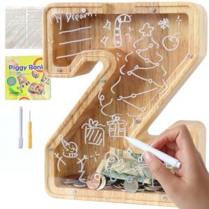 Lakpopya Tirelire en Bois Grande pour Enfant Adulte Tirelire Cochon Personnalisée de Lettres A-Z avec Zone Cible Tirelire Billet Transparente Créative pour Cadeau Décoration Baptême (Z) (Never fail, neuf)