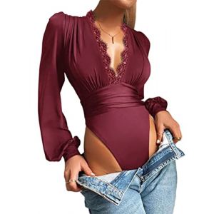 nicticsi Bodys Femme Blouse Shirt &agrave; Manches Longues Col en V avec Dentelle Sexy Body Elegant Tops T-Shirt Bodysuit Soir&eacute;e Cocktail Club Chemisier Rouge XL (Reversal Destiny, neuf)