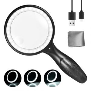 60X 30X Loupe de Lecture avec 33 LED Lumière, Loupe Grossissante à Main, USB Rechargeable Loupe Lumineuse, 3 Modes D'éclairage, Loupe Eclairante pour Lecture, Bijoux, Seniors, Malvoyant (Noir) (Wbbrbbr, neuf)