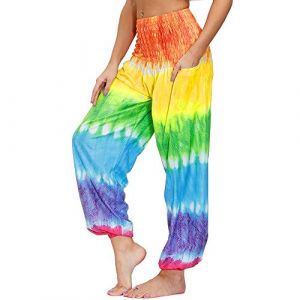 Nuofengkudu Femme Harem Pantalon Yoga Sarouel Legers Hippie Baggy Léger Ethnique Calqué Smockée Taille Haute avec Poches Été Plage (Taille Unique, Y-Cravate Teint D) (better Life, neuf)