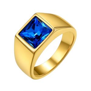 GoldChic Bague Homme Chevaliere Or Plaque 62 Acier Pierre Bleu Petit Anneau Zircon Inoxydable Bagues Garcon Zirconium Bijoux Index Annulaire Auricualire (GoldChic Jewelry Store, neuf)