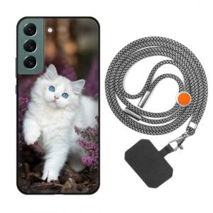 vingarshern Coque Compatible avec Samsung Galaxy S22+ 5G Antichoc Silicone Bumper Case &Eacute;tui de Protection Housse Coque avec Motif,Souple Coque avec Cordon Detachable,Chat Blanc (YOUKARSHERN, neuf)