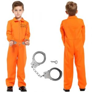 WELLXUNK Costume de Prisonnier pour Enfants, Orange Enfant Deguisement Prisonnier avec Menottes, Orange Prisoner Jumpsuit, Costume de D&eacute;tenu pour Halloween Carnaval Cosplay (lizhige, neuf)
