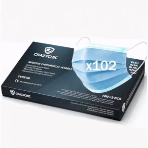 CRAZYCHIC - x102 Masque Chirurgical M&eacute;dical Bleu Type IIR - Certifi&eacute; CE Norme EN14683 - Masque Jetable 3 Plis Protection Respiratoire - Haute Filtration EFB>99% - Lot de 102 pi&egrave;ces (Crazychic, neuf)