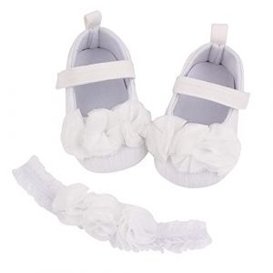 DAY8 Chaussures B&eacute;b&eacute; Fille Premier Pas Automne Chaussure Bebe Fille Souple Antiderapantes Princesse Bapteme Mariage Ceremonie Ensemble Bebe Fille Chaussures Ballerine + Bandeau (Blanc 1, 12-18 Mois) (SoLu DAY8, neuf)