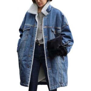Veste d'hiver Longue en Jean doubl&eacute;e Sherpa pour Femme Coupe-Vent en Jean doubl&eacute; Polaire Bouton &eacute;pais Manteau Chaud en Peluche Manteau Chaud &agrave; Manches Longues (Bleu,XL) (Conghuakeji, neuf)