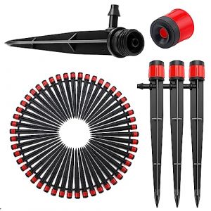 VooGenzek 50 Pi&egrave;ces Goutteur Irrigation R&eacute;glable, 360 Degr&eacute;s Micro Asperseur Goutte &agrave; Goutte avec Connecteur Barbel&eacute; & Piquet de Support pour Tube 4/7 mm, Goutteur d'irrigation Insertion, Rouge (VooGenzek, neuf)