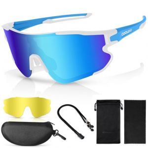 Odoland Lunette de Cyclisme Polarisées, Lunettes de Soleil de Sport UV 400 avec Remplaçables Vision Nocturne Verres pour Vélo, Pêche, Course à Pied, Homme Femme et Jeunes, Bleu (Aveka, neuf)