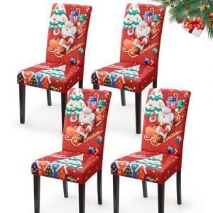Housse de Chaise No&euml;l Extensible Lot de 4 Housse de Chaise de Salle &agrave; Manger Universel Couverture de Chaise Moderne Protecteur de Chaise Amovible Lavable pour F&ecirc;te D&eacute;cor Banquet (Lot de 4, P&egrave;re No&euml;l) (Eckonaver, neuf)