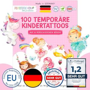 100 Tatouages à coller - tatouages pour enfants avec animaux de la forêt, licornes, sirènes, princesses et autres motifs adaptés aux enfants - comme cadeau d'anniversaire ou idée de cadeau. (Papierdrachen, neuf)