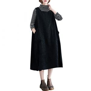 Petalum Robe Salopette Femme Velour Côtelé Grande Taille Maxi Décontracté Jupe Salopette Longue à Bretelle sans Manche Style Vintage Classique Casual avec Poche pour Automne Hiver (Petalum, neuf)