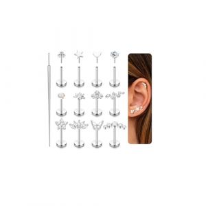 JeweBella 12 Pi&egrave;ces Piercing Nez Stud pour Femme Acier Chirurgical Piercing Oreille Argent/Or &Eacute;toile C&oelig;ur Serpent Sans Filetage Boucles d'Oreilles &agrave; Dos Plat 20G Piercing Labret Helix Tragus (MOY-UK, neuf)