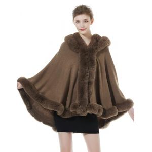BEAUTELICATE Poncho Fourrure Châle Étole Cape à Capuche Tricoté Manteau avec Col de Fourrure Pour Femme Automne Hiver Mariage Soirée Gala(Taille unique, Kaki) (BEAUTELICATE-FR, neuf)