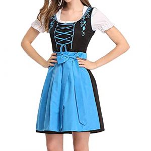 Femme Dirndl Robe Traditionnelle Bavaroise Allemande Costume Complet pour Oktoberfest Fête de la Bière Carnaval Halloween Festival Déguisement Party Tenue (01E-Blue, XL) (DolceTiger, neuf)