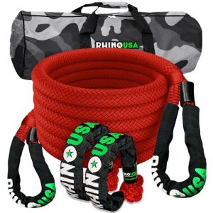 Rhino USA Kit de Récupération de Corde Cinétique 13,000 kg - 2.2 cm x 9 m - Sangle Remorquage Voiture Tout-Terrain avec 2 Manille Treuil 4x4 pour UTV ATV LKW Tracteur Camion Quad - Rouge (Rhino USA, Inc., neuf)
