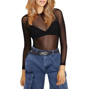 Femme Hauts Transparents, Haut Transparent Noir Femme, Manches Longues Top en Maille Sexy Blouse Sheer Mesh Elastique (FR/ES, Alpha/Lettres, M, Taille Normale, Taille Normale, Noir) (LOCCY CHIU, neuf)